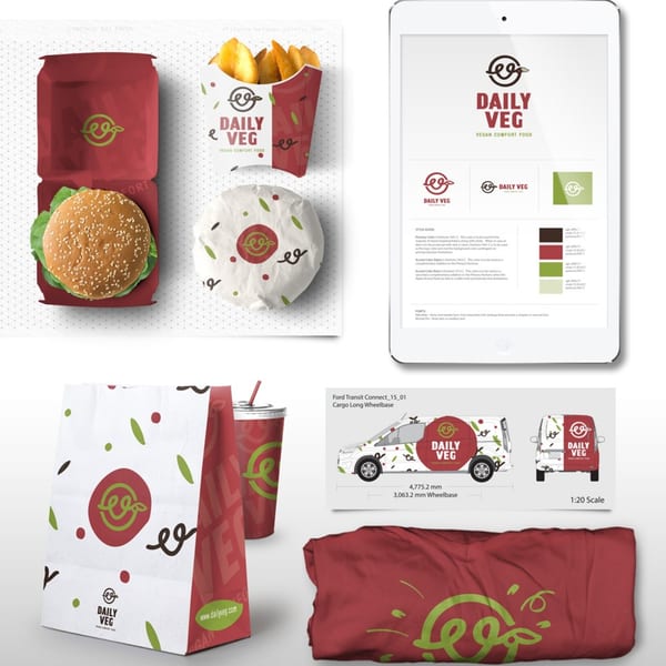 Daily Veg branding on food packaging, a style guide on a tablet, a delivery van, and a t-shirt.