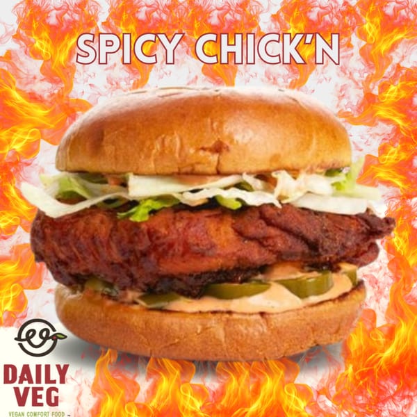 Daily Veg's Spicy Chick'n sandwich with lettuce, pickles, and sauce, surrounded by flames.