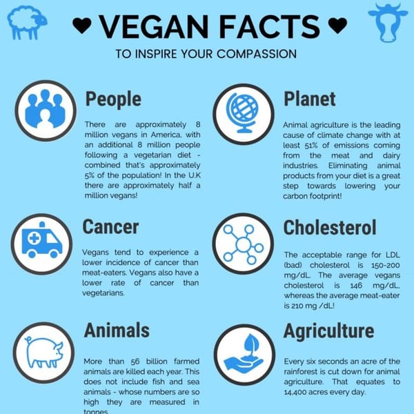 Infographic titled "Vegan Facts" with statistics on people, planet, cancer, cholesterol, animals, and agriculture.