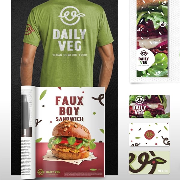 Daily Veg branding on a green t-shirt, a menu with a vegan sandwich, and gift cards.